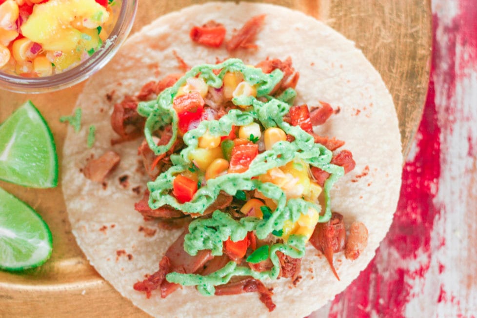 An overhead shot of a jackfruit taco