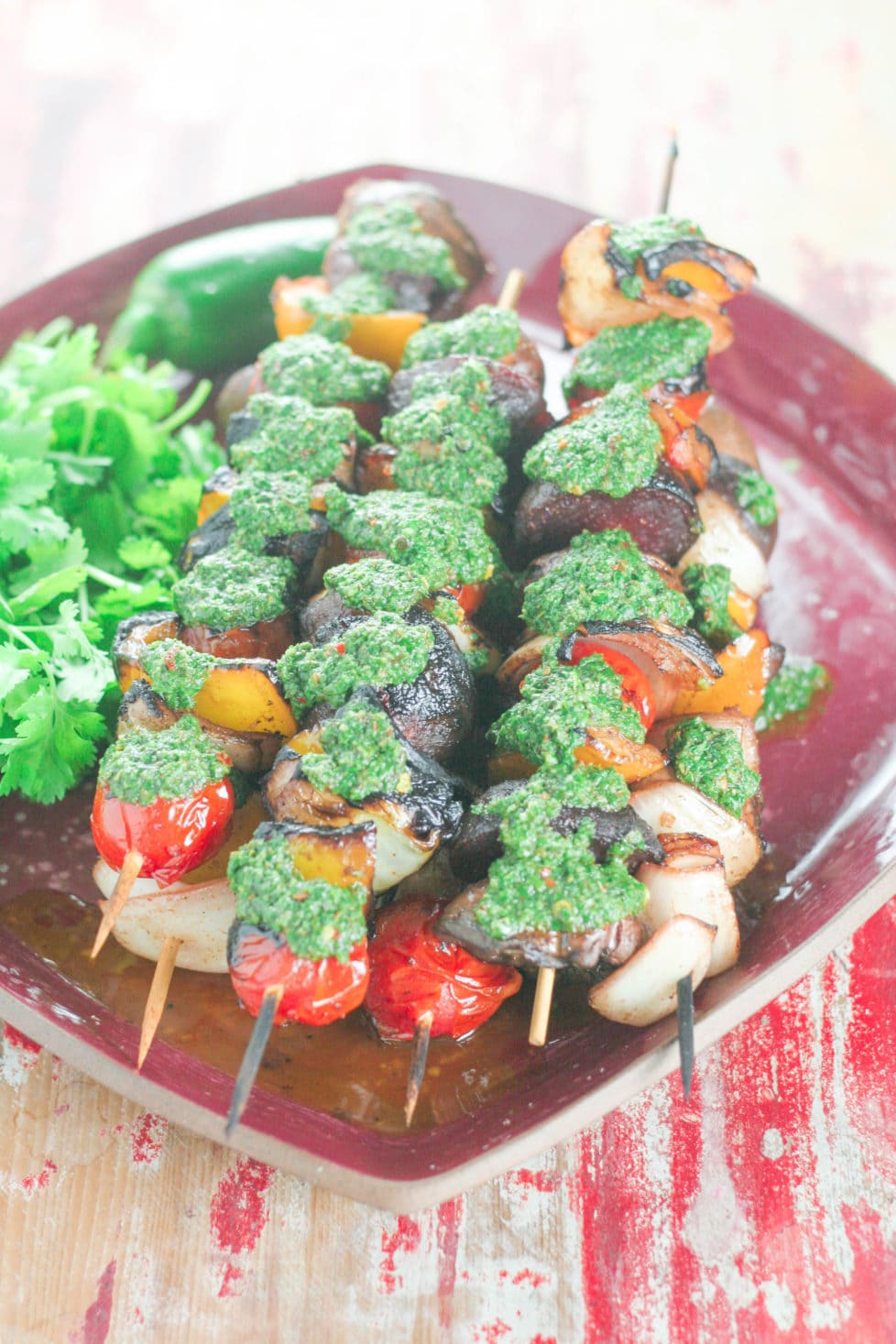 A plate of vegetable skewers fresh off the barbecue