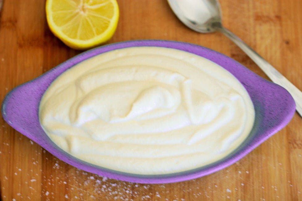 A blue bowl of tofu sour cream