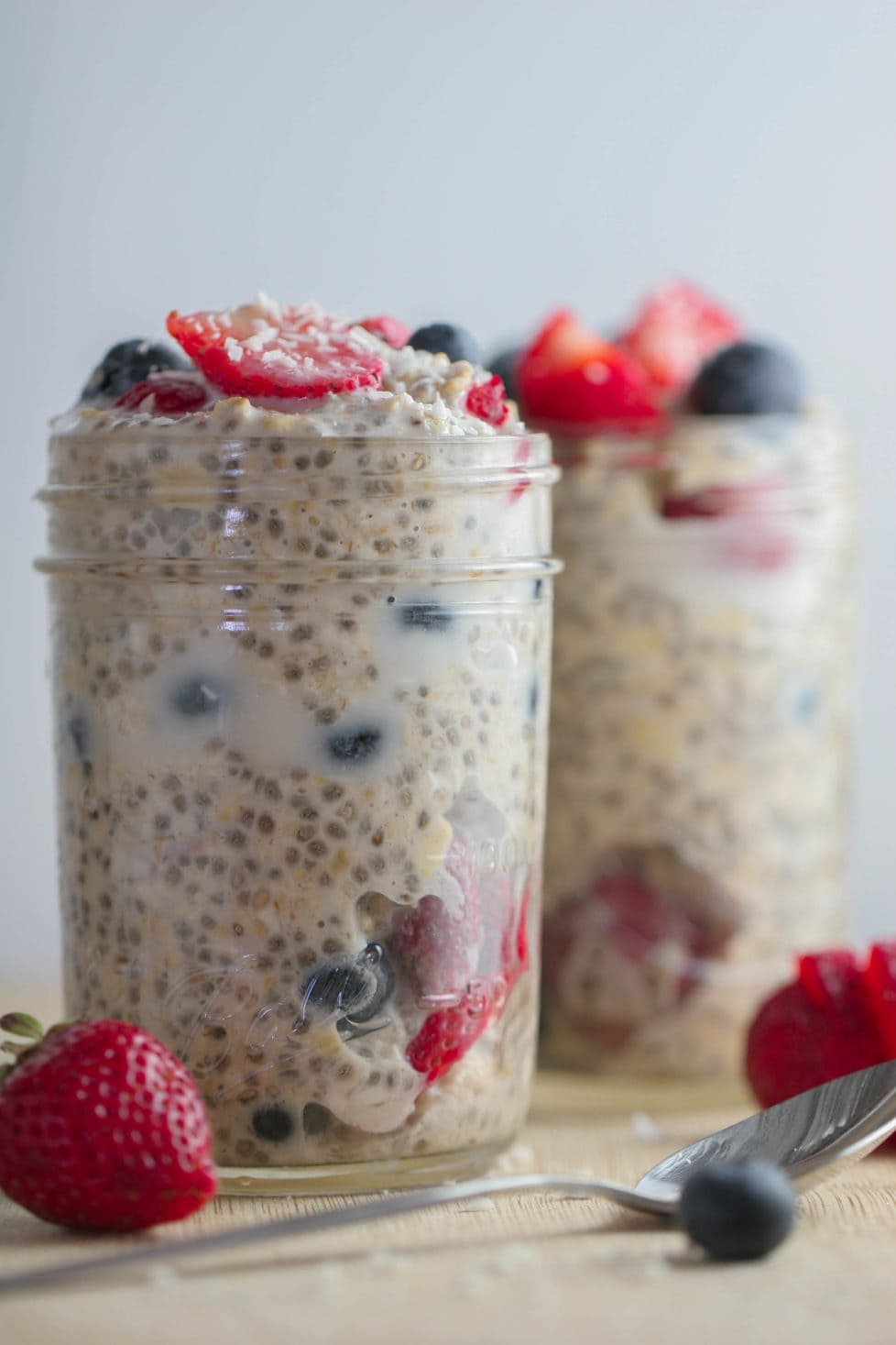 A side shot of overnight oats in jars