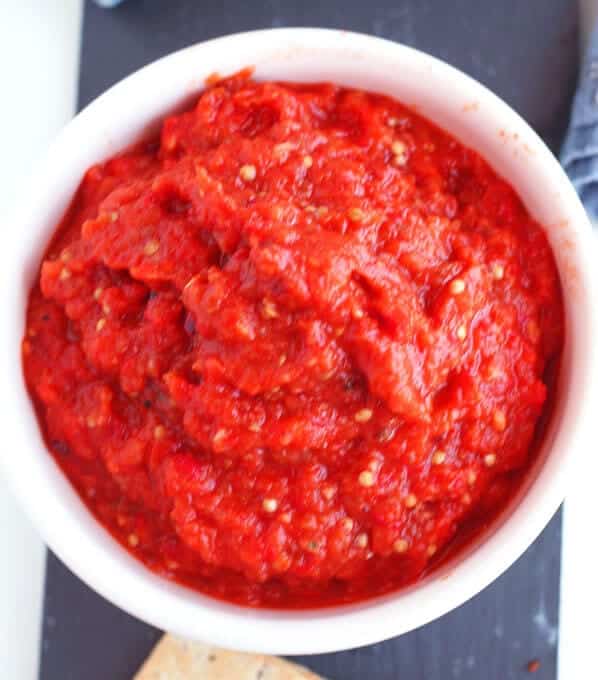 An overhead shot of Hot Serbian Ajvar made with eggplant