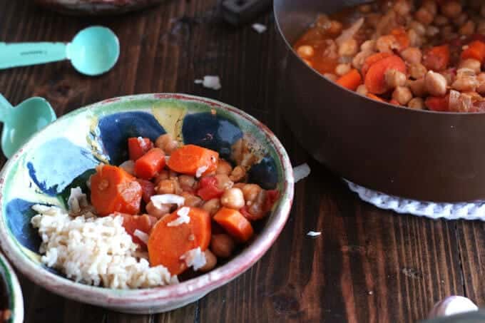 A bowl of stew on a table