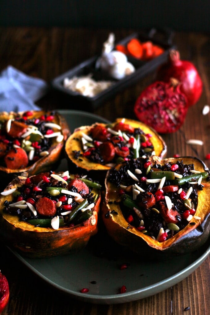 stuffed acorn squash on a brown table