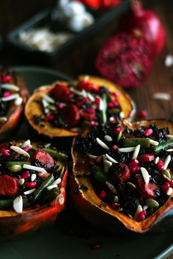 A close up of stuffed acorn squash 