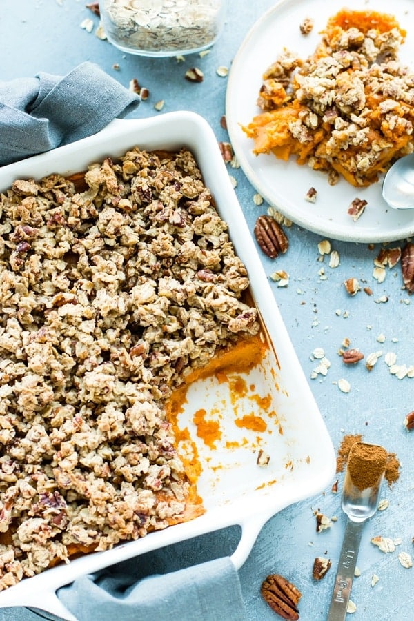 Vegan Sweet Potato Casserole in a white casserole dish