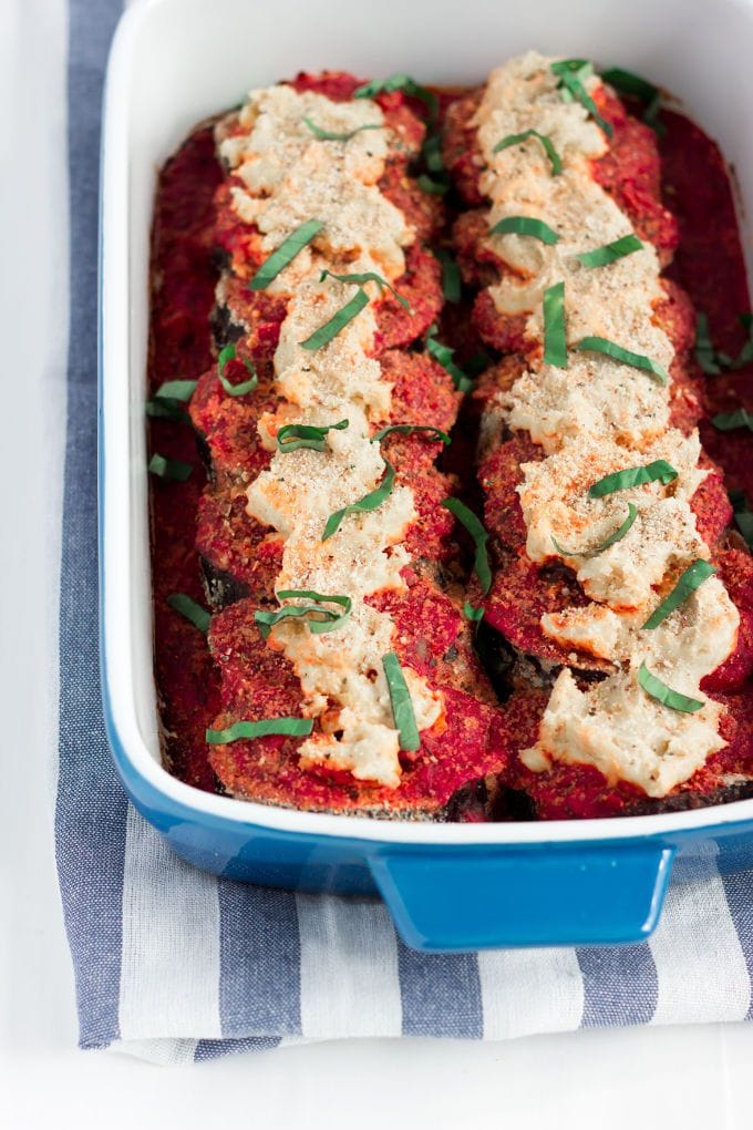 Vegan Eggplant Casserole in a blue casserole dish