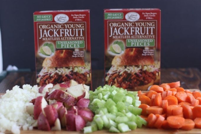 A close up of ingredients for Irish Stew and two boxes of Jackfruit