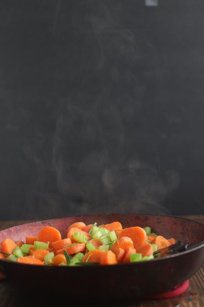 Askillet of vegetables for Stew with Guinness