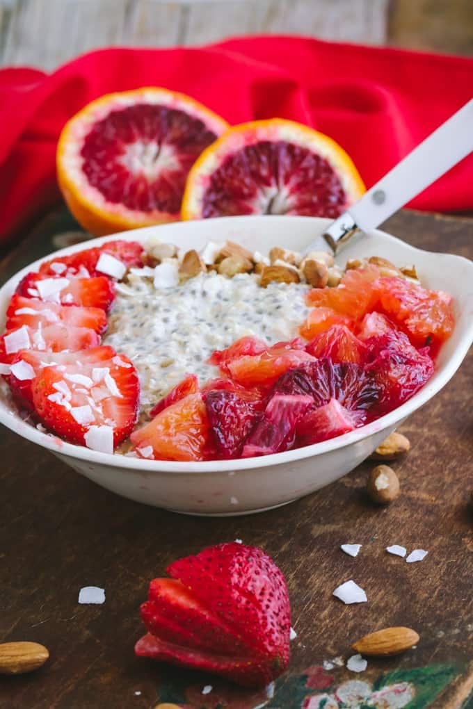 Front view of Blood Orange Vegan Overnight Oats in a white bowl 