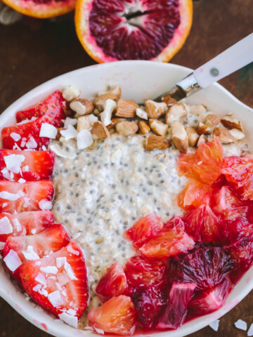 Overhead view of Blood Orange Overnight Oats in white bowl