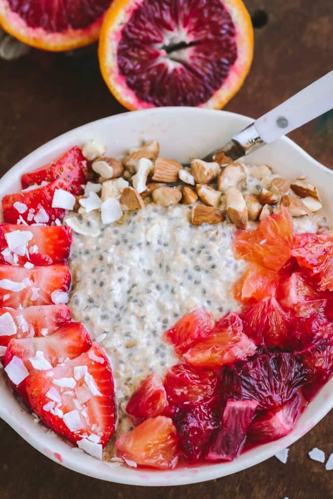 Overhead shot of Blood Orange Overnight Oats in a white bowl