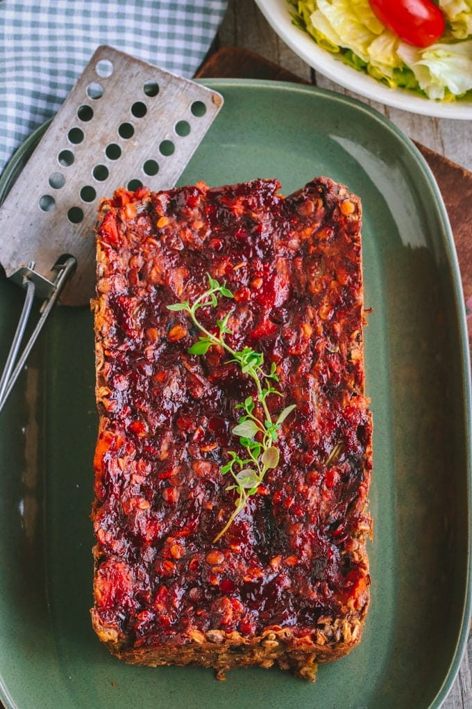 Vegan Lentil Loaf on a green serving dish