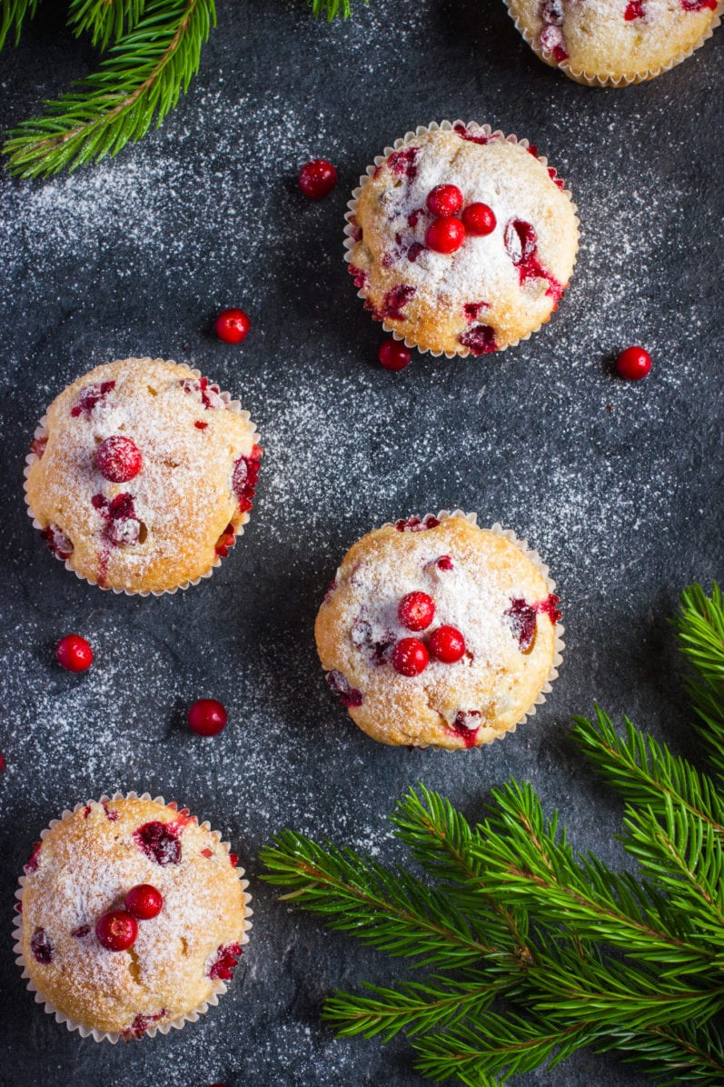 overhead shot of vegan muffins with cranberry on a gray table