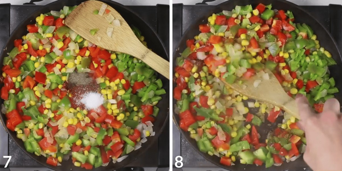 adding spices to a skillet and stirring with vegetables