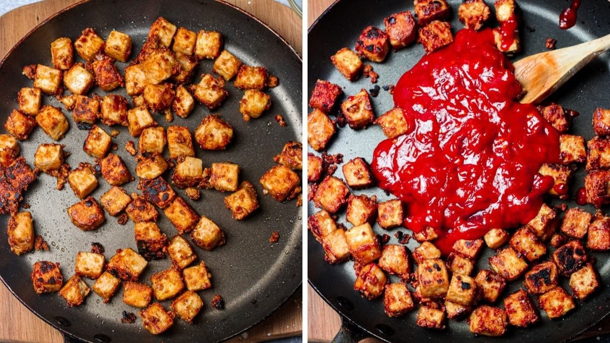 steps 8 and 9 for frying and adding sauce to General Tso's Tofu