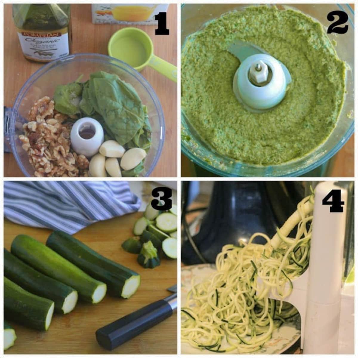 steps 1 through 4 for making pesto zoodles