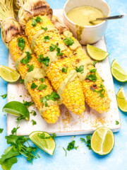 overhead view of grilled corn with parmesan