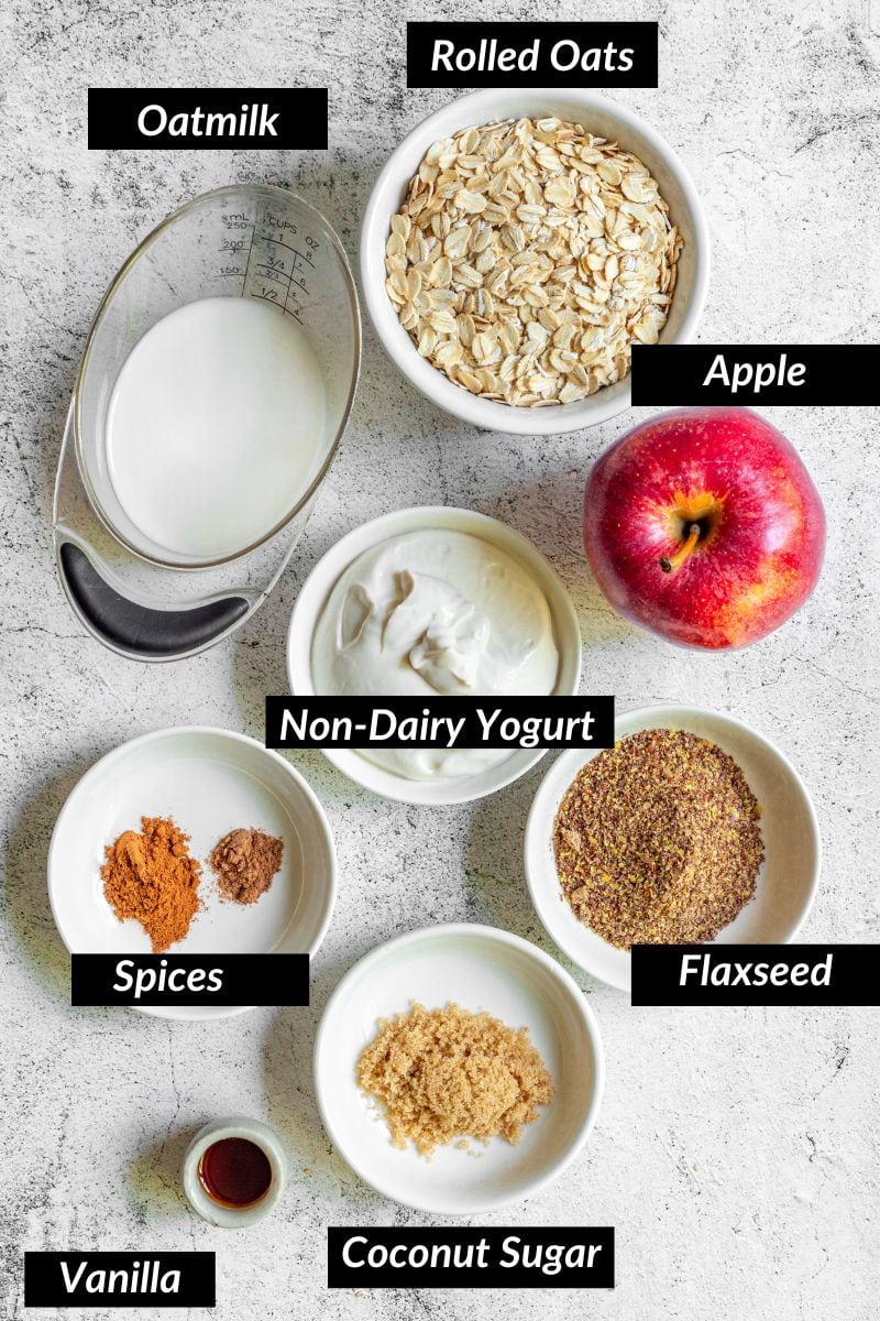 labeled ingredient list for apple pie overnight oats