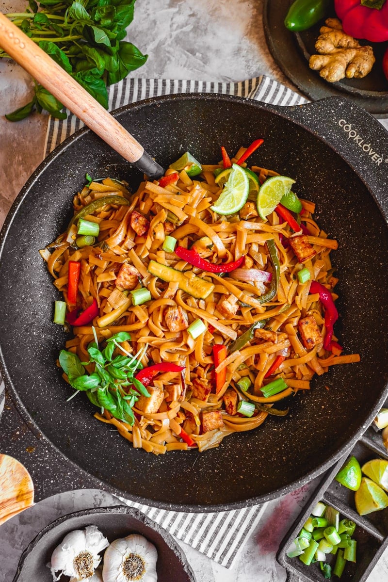 overhead view of skillet filled with Thai Drunken Noodles