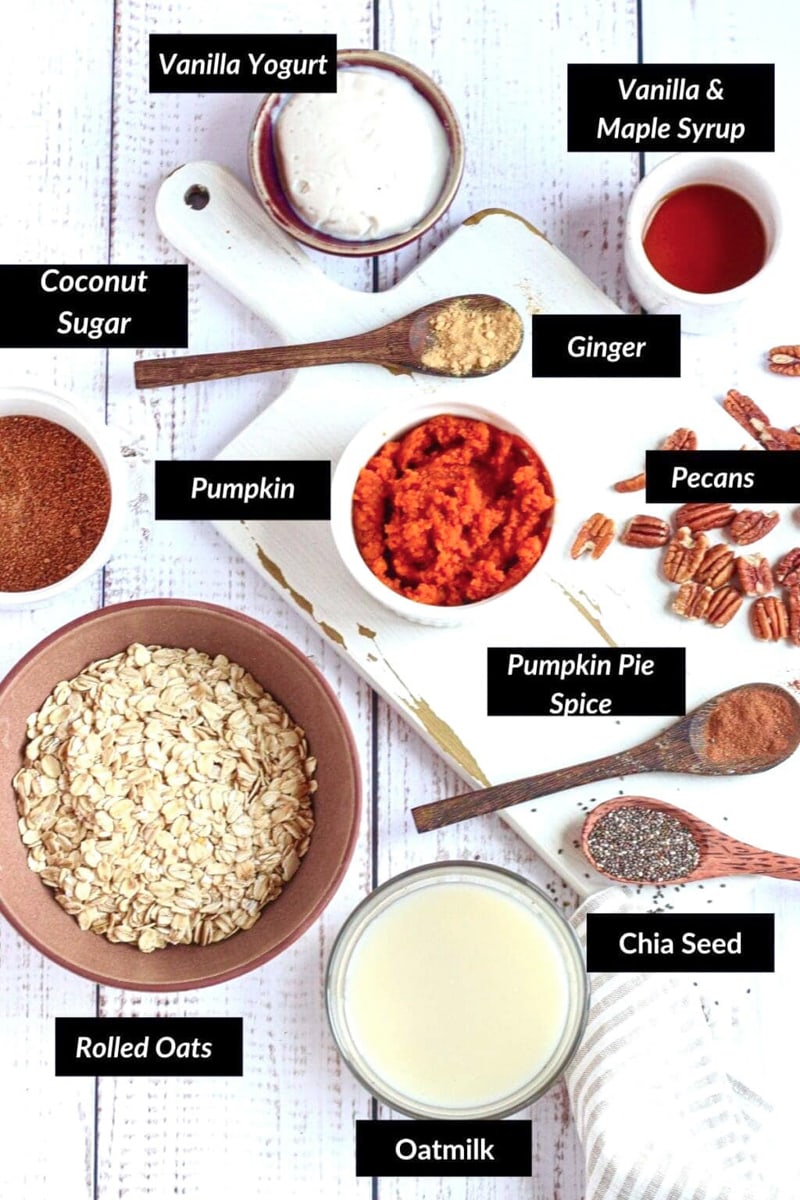 labeled ingredients for overnight oats recipe