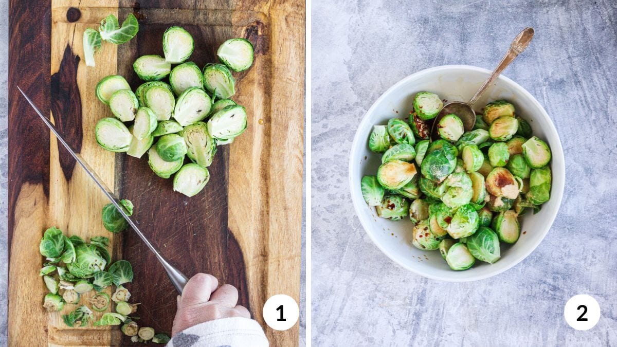 steps 1 and 2 for making air-fried brussels