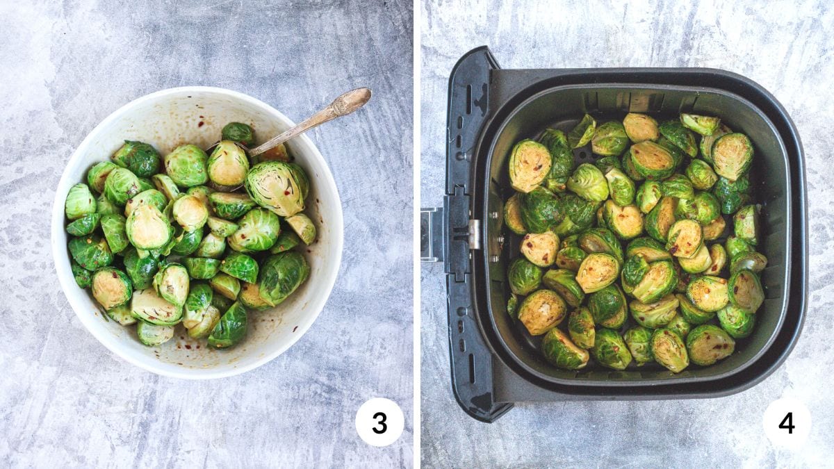steps 3 and 4 on how to make air fryer brussel sprouts