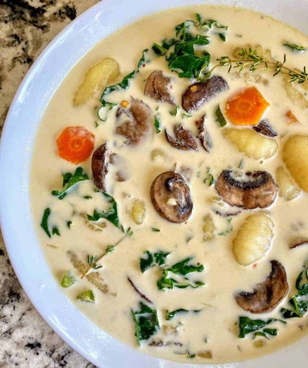 gnocchi soup in a white bowl on a marble table