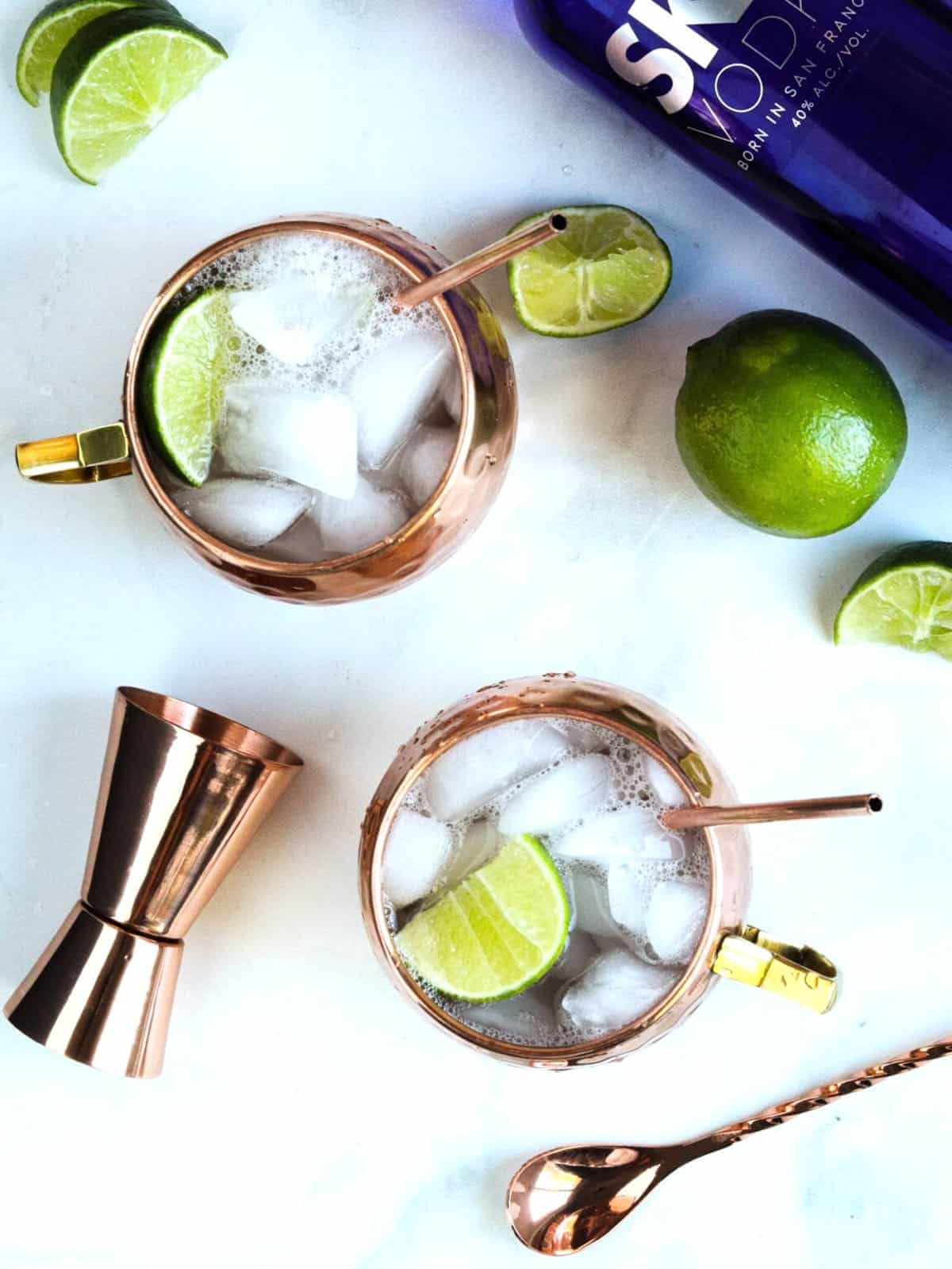 overhead view of vodka mule with lime