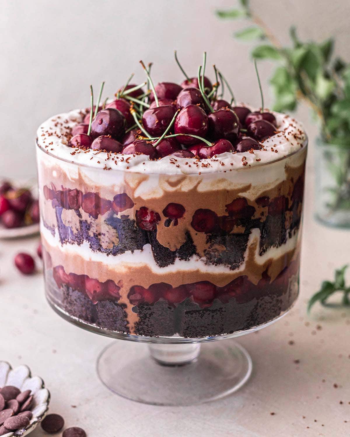 vegan black forest trifle cake in a clear bowl