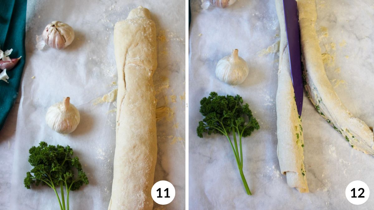 steps 11 and 12 rolling dough in a ball and cutting down the middle