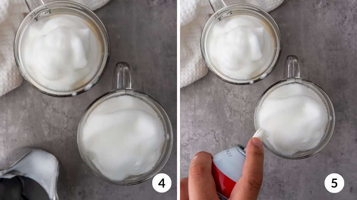 top each mug with a layer of foam then finished with non-dairy whipped cream