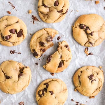 overhead view of cookies on a cookie sheet with parchment paper