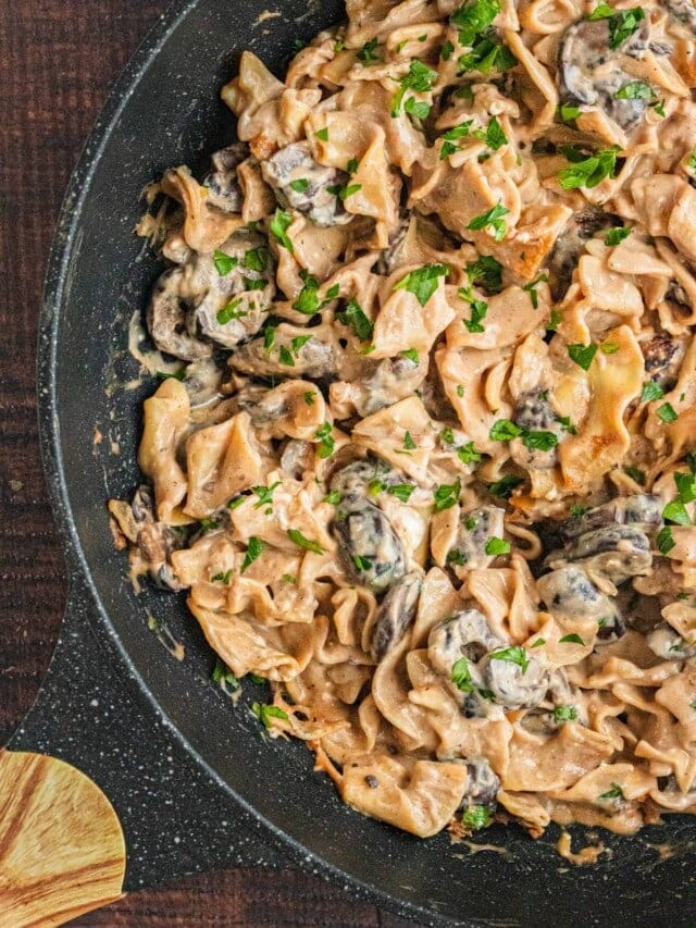 vegan beef stroganoff made with mushrooms in a pot