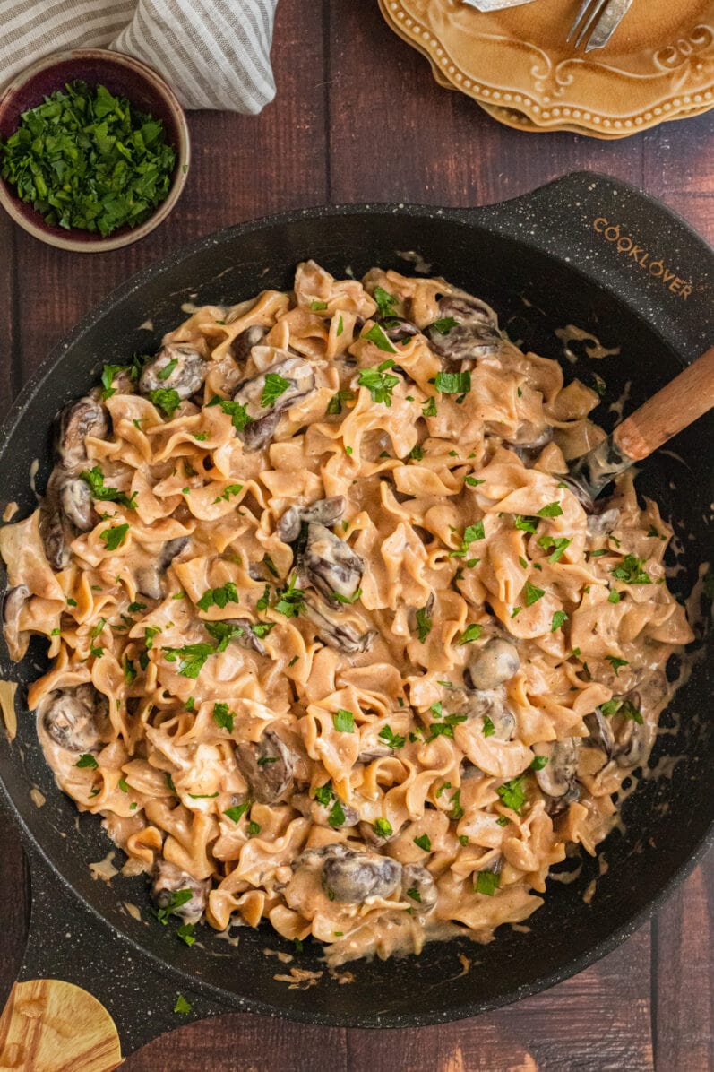 overhead view of pot of stroganoff