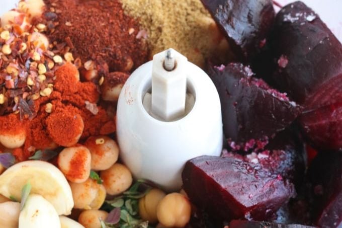 ingredients for roasted beet hummus in a food processor