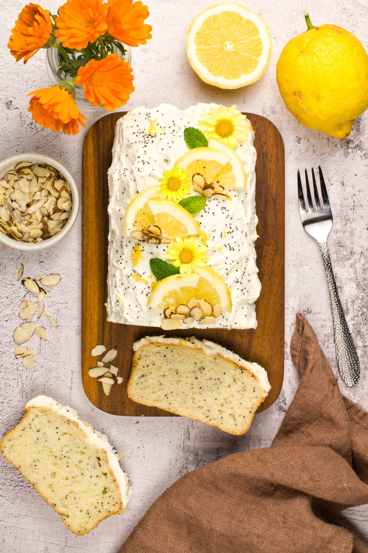 overhead view of loaf of lemon cake 