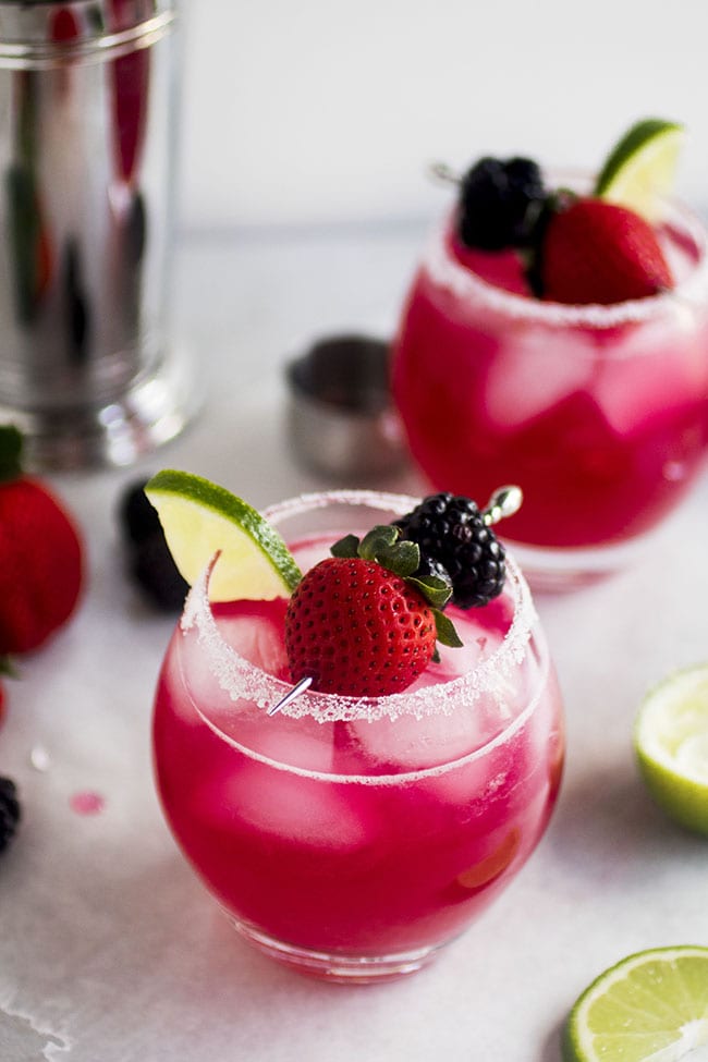triple-berry-margaritas on a white table