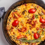 overhead view of skillet vegan frittata recipe in a cast iron skillet