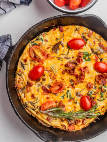overhead view of skillet vegan frittata recipe in a cast iron skillet