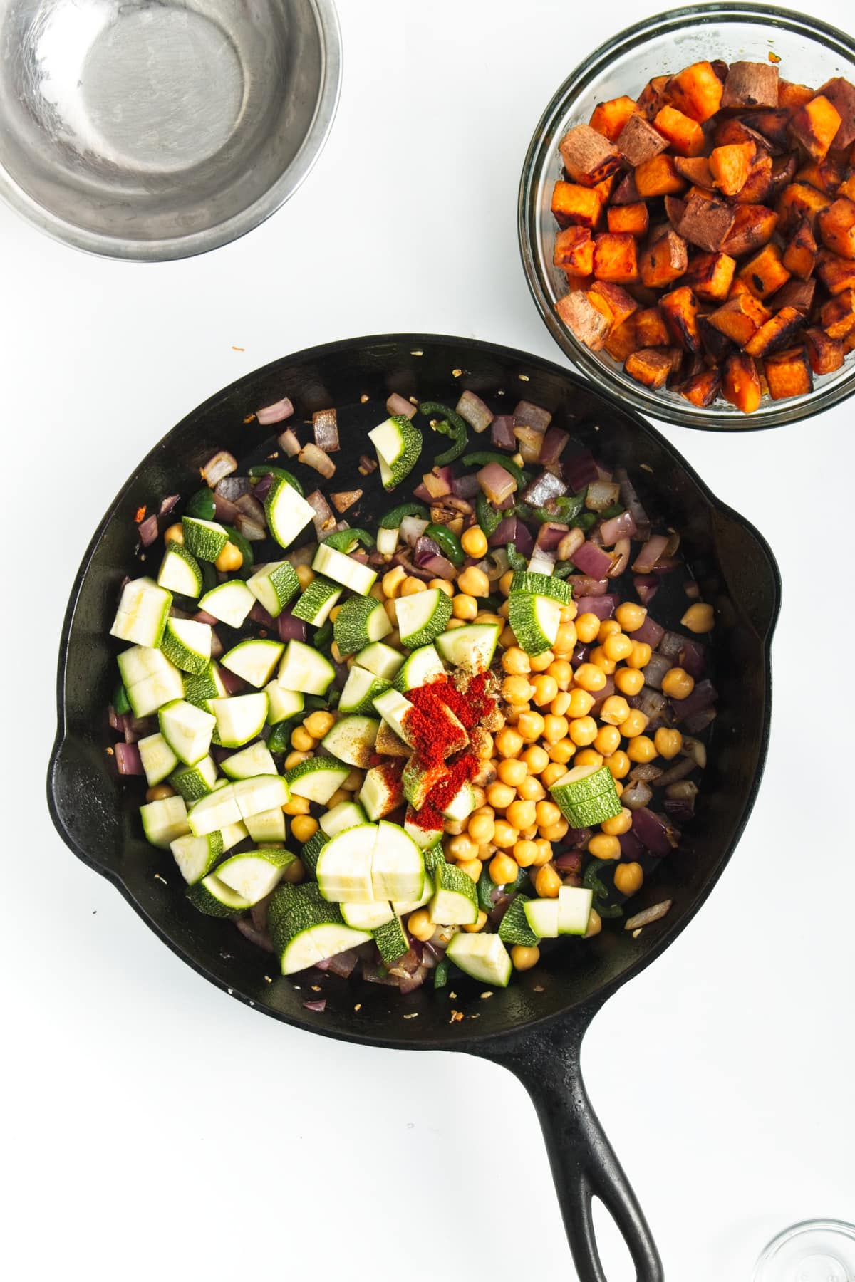 chopped veggies in a cast iron skillet