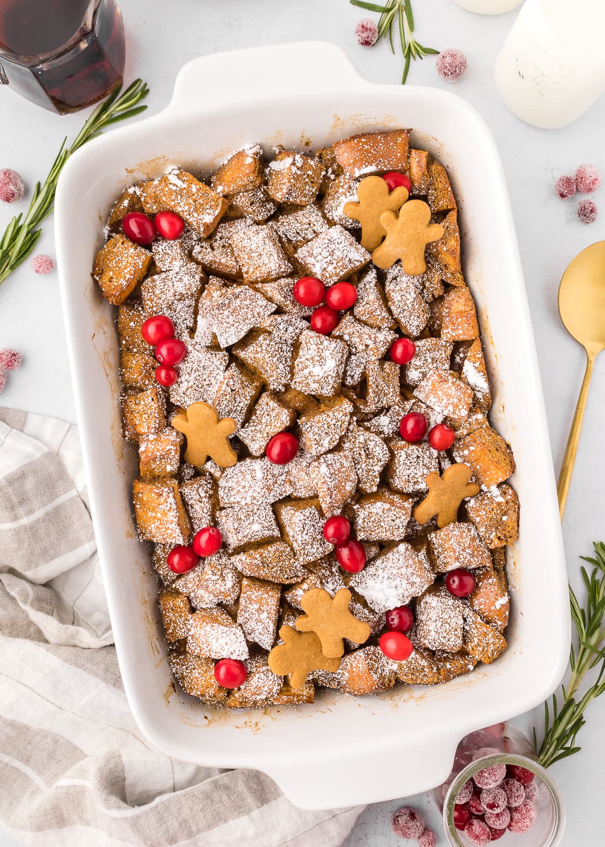 gingerbread French toast casserole in a white casserole dish