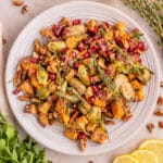 overhead view of plate of roasted sweet potatoes and Brussel sprouts