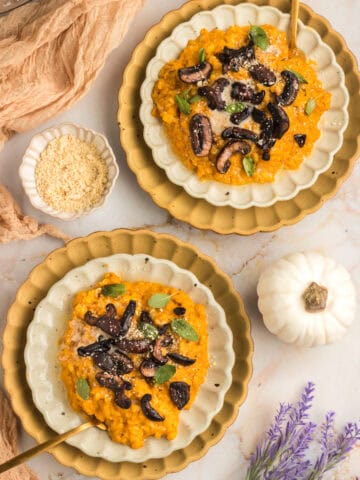 pumpkin mushroom risotto on two plates