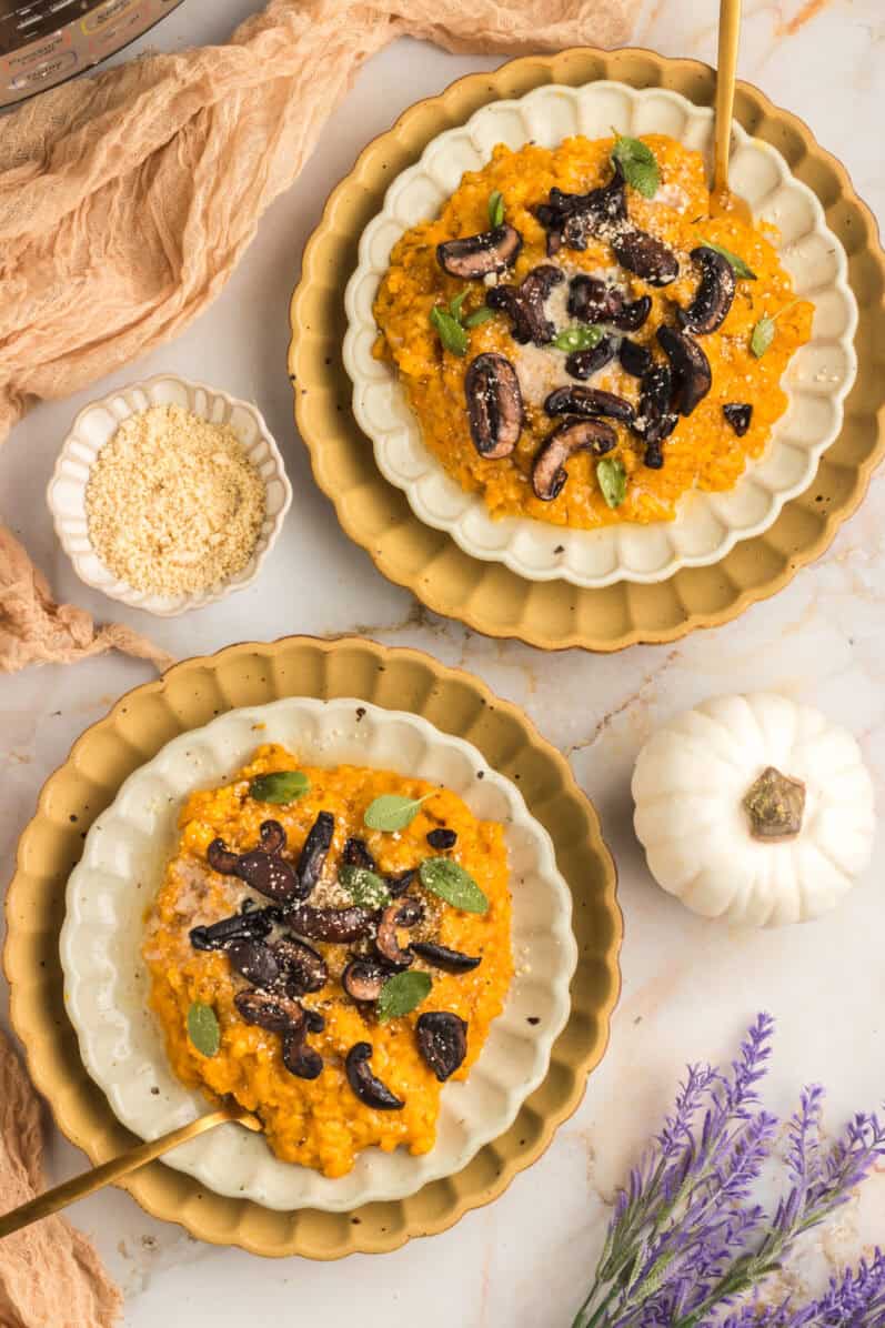 pumpkin mushroom risotto on two plates