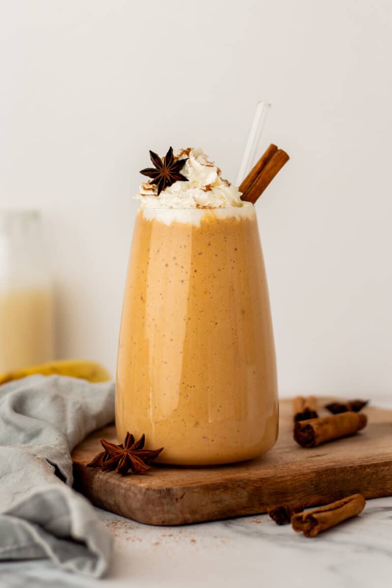 vegan pumpkin smoothie on a cutting board