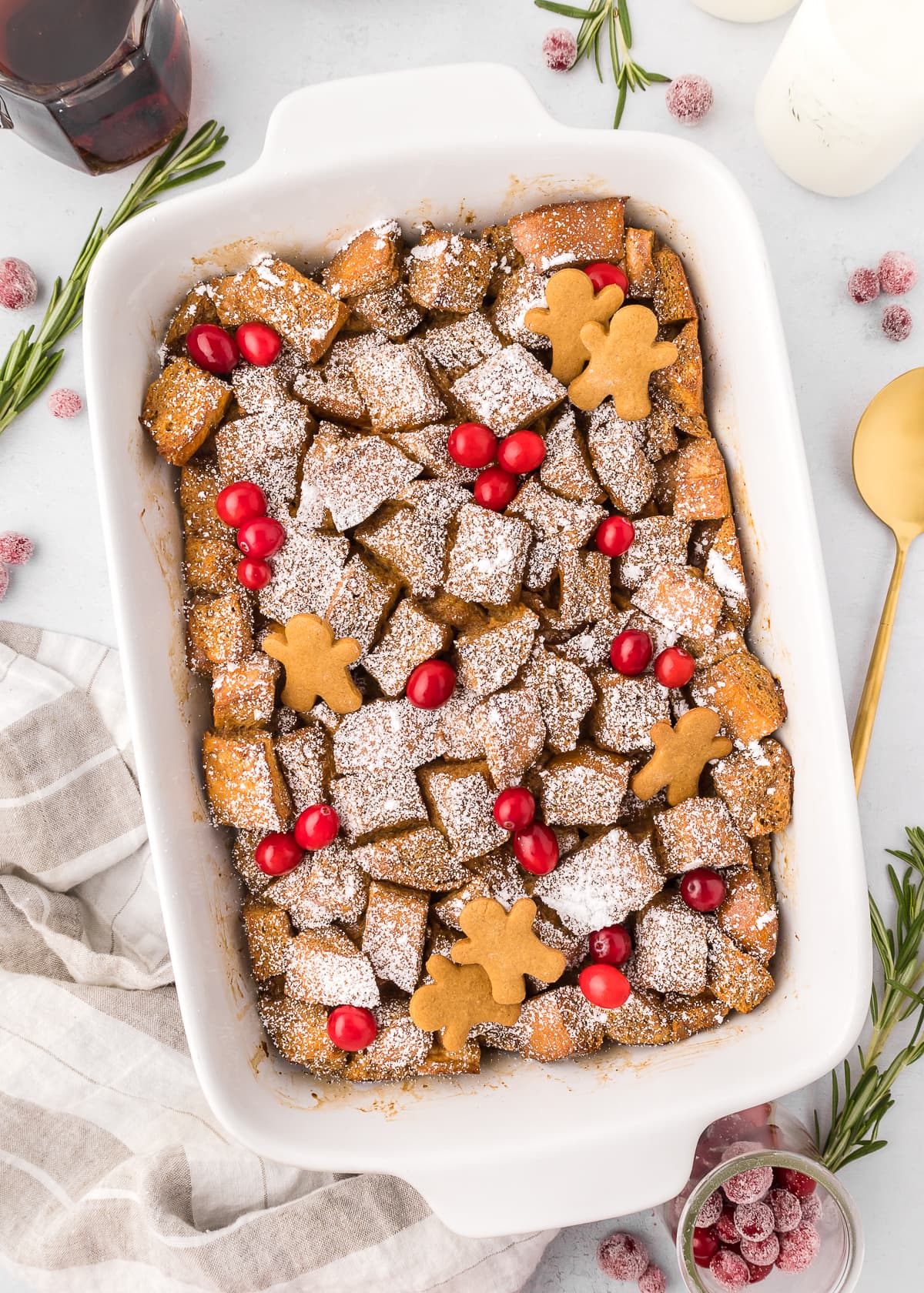 overhead view of gingerbread french toast casserole