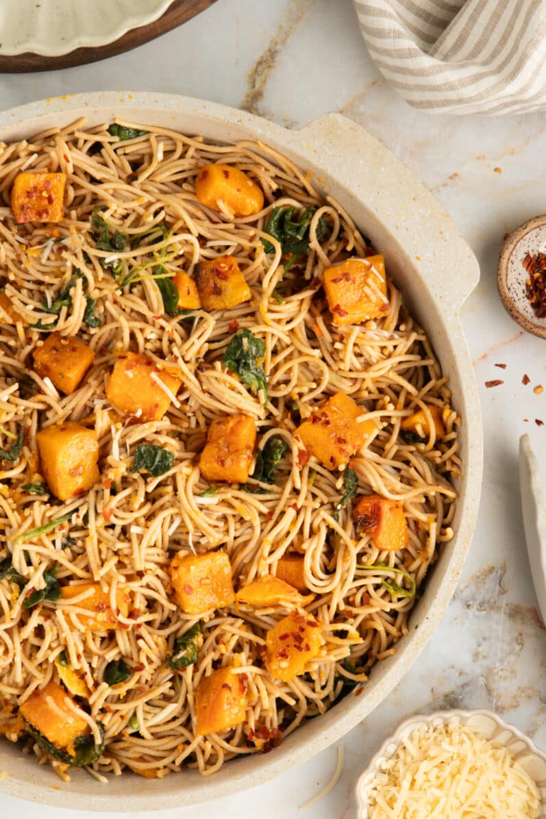 overhead view of butternut squash spaghetti