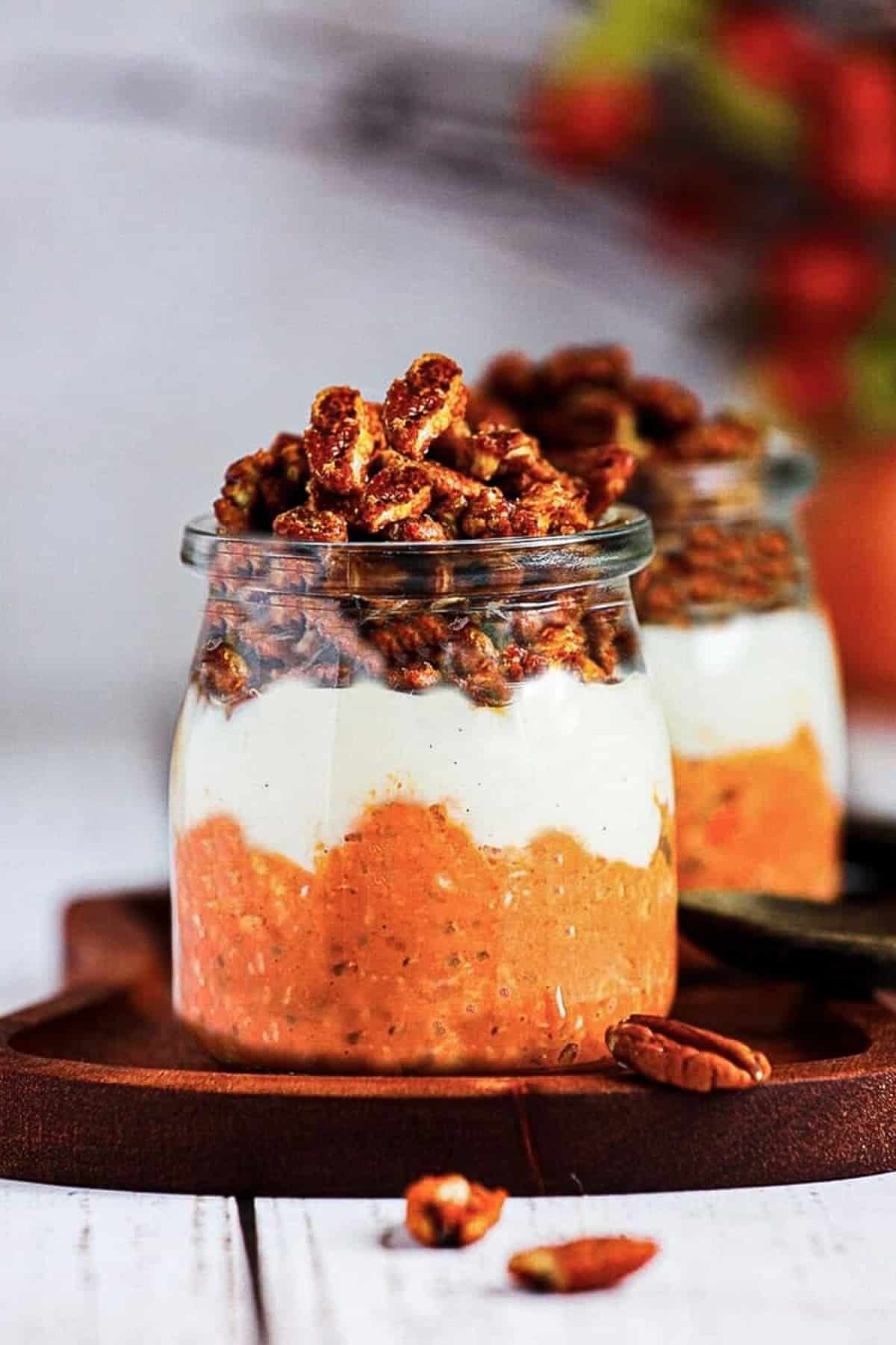 Pumpkin pie overnight oats on a white table