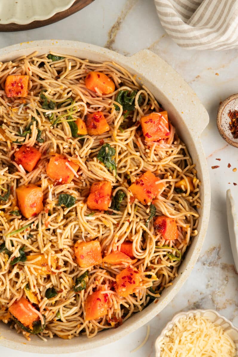 butternut squash spaghetti on a marble table