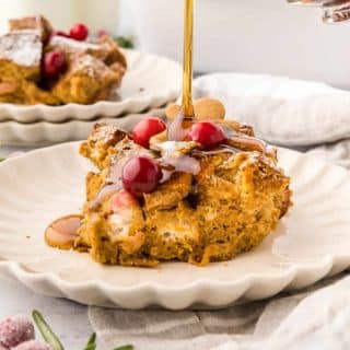 french toast casserole on a white plate